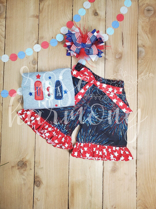 Patriotic Girl Shirt and Ruffle Shorts, Stars and Stripes Outfit,