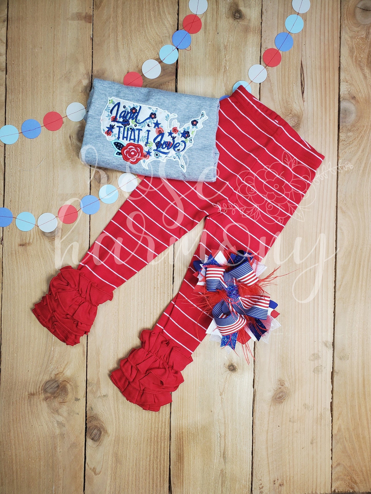 Patriotic Girl Shirt and Ruffle Pants, Land That I Love, 4th of July Outfit,