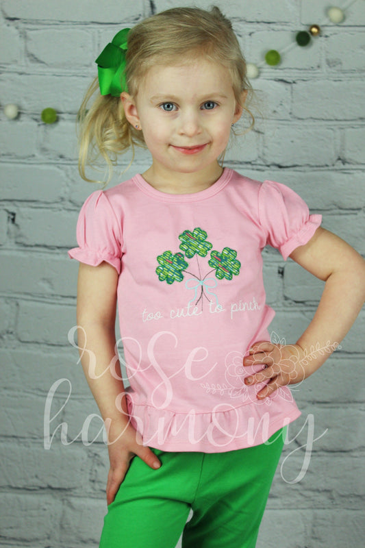 Too cute to Pinch Shamrock Outfit, Toddler Girl Outfit, Ruffle Pants, Shamrock