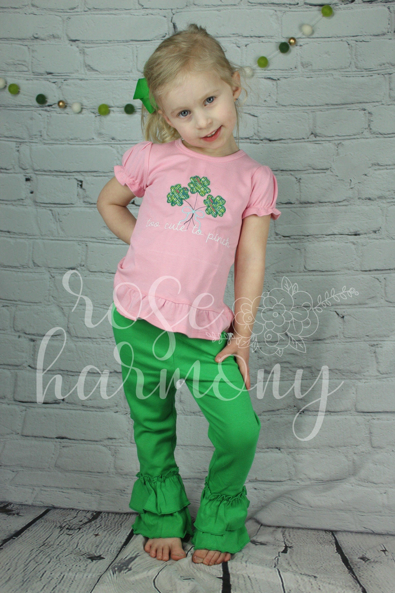 Too cute to Pinch Shamrock Outfit, Toddler Girl Outfit, Ruffle Pants, Shamrock