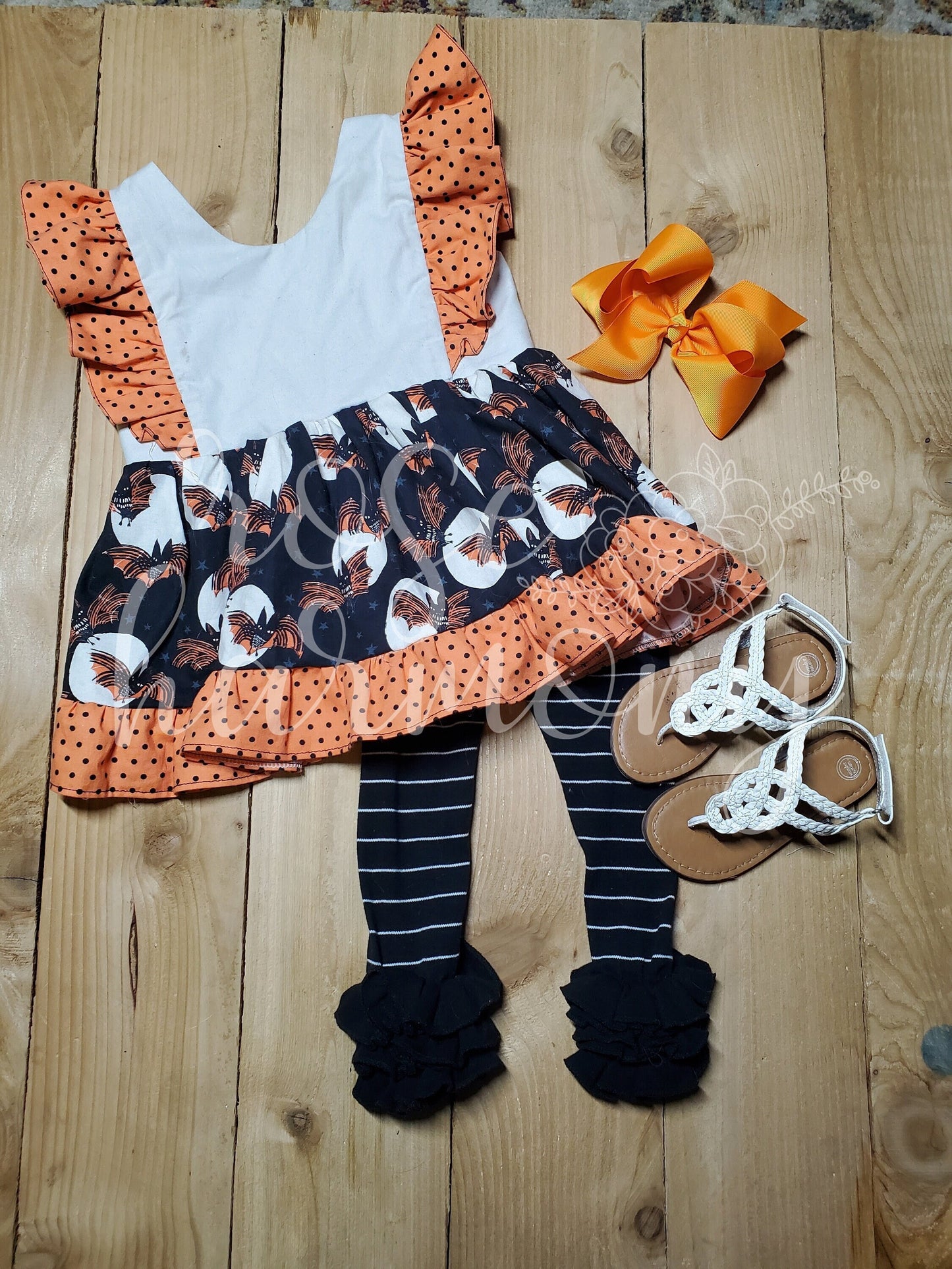 Halloween Bat Ruffle Top Blouse with Ruffle Leggings, Halloween,