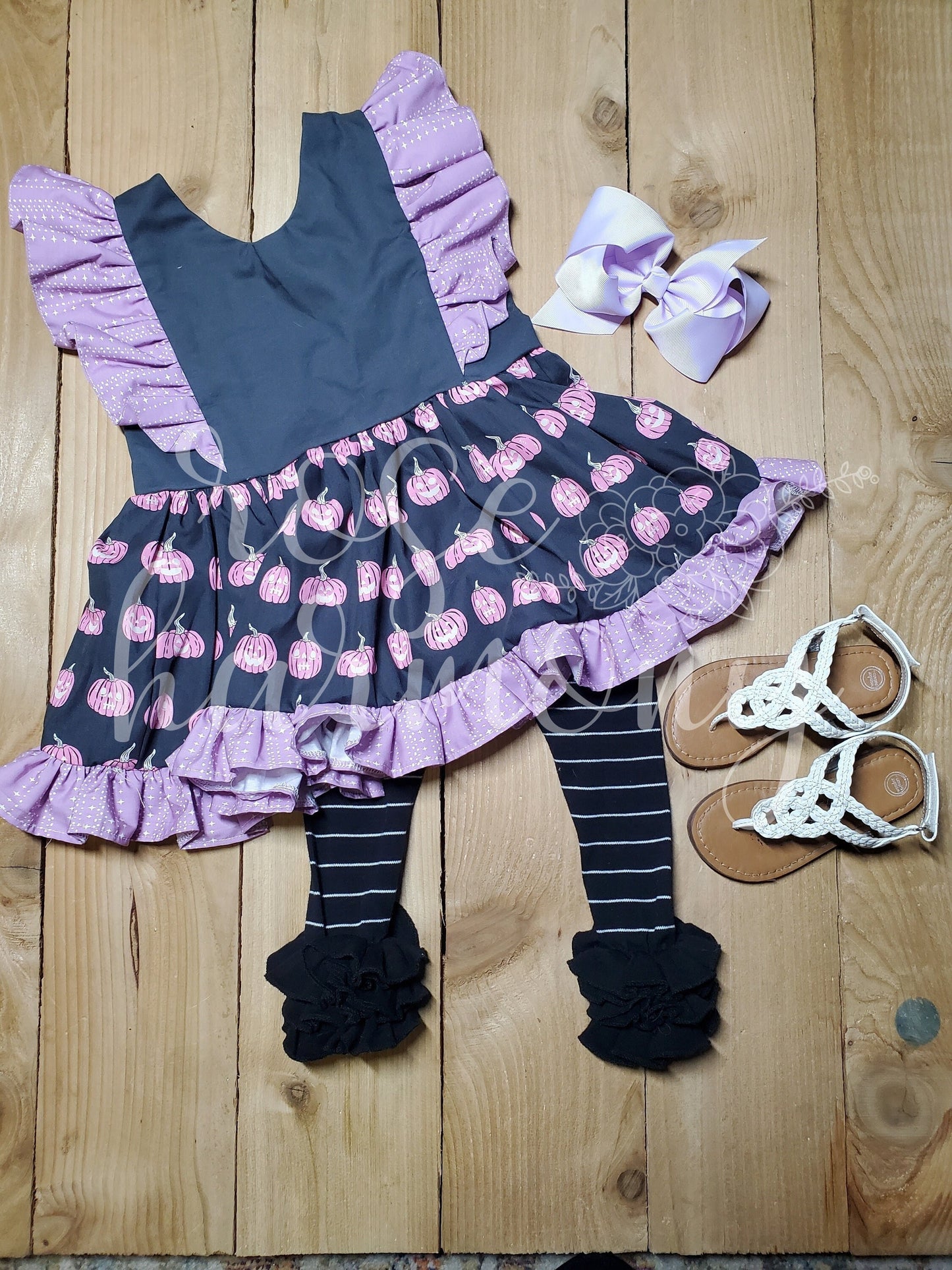 Girl Halloween Purple Pumpkin Ruffle Top Blouse with Ruffle Leggings, Halloween,