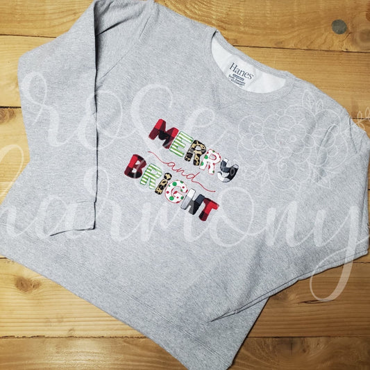 Merry and Bright Crewneck/ Adult Christmas Sweatshirt/ Boho/ Embroidery Christmas Sweatshirt