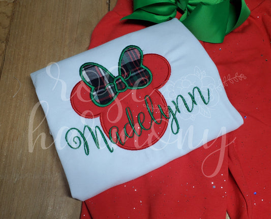 Christmas Girl Disney Shirt, Minnie Mouse Christmas Applique, Plaid