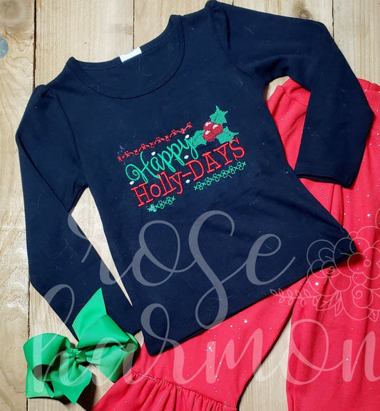 Happy Holiday Christmas Girl Shirt ONLY, Christmas Party, Santa Pictures, Ugly Sweater