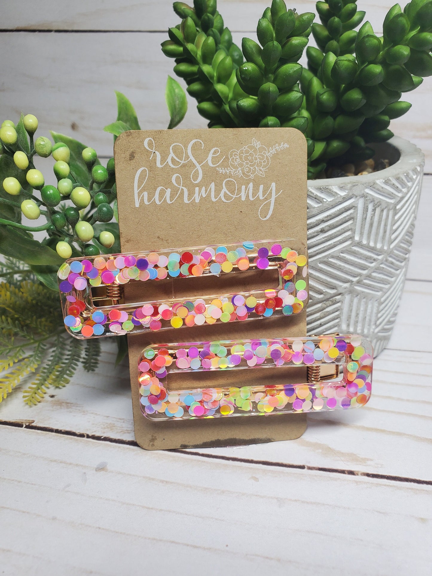 Multicolor Hair Clips, Resin, Glitter Resin Clips, Rainbow, Metal, Confetti, Birthday, Celebration