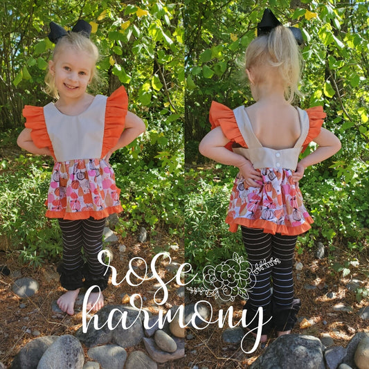 Girl Halloween Pink Pumpkin Ruffle Top Blouse with Ruffle Leggings, Halloween,