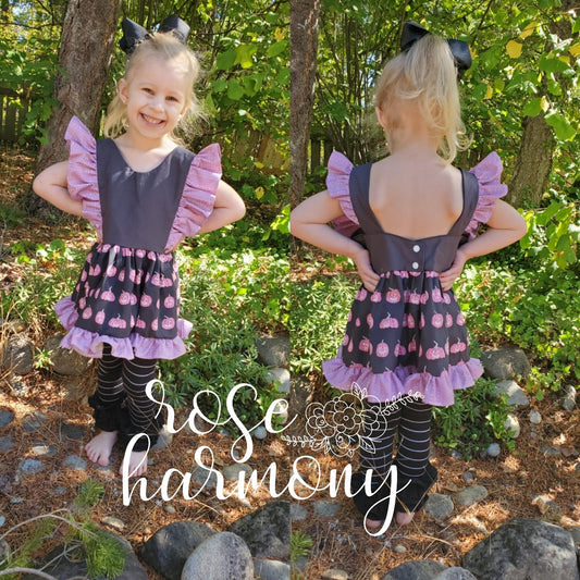 Girl Halloween Purple Pumpkin Ruffle Top Blouse with Ruffle Leggings, Halloween,