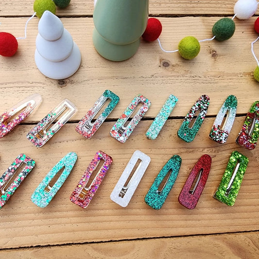 Christmas Hair Clips, Resin, Glitter, Girl, Holiday, Stocking Stuffers, Gifts, Party