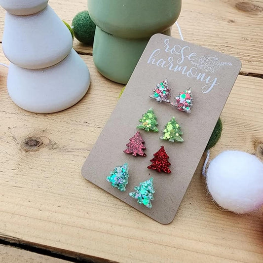 Christmas Stud Earrings, Holiday, Christmas Tree, Cabochon, Resin Earrings, Gift