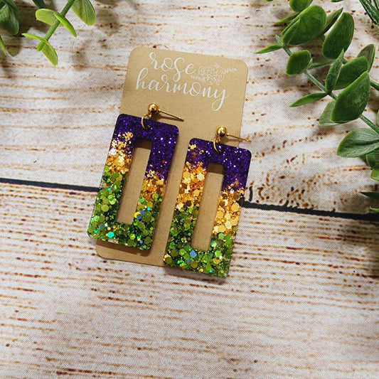 Mardi Gras Dangle Earrings, Square, Resin Glitter, Lightweight, New Orleans