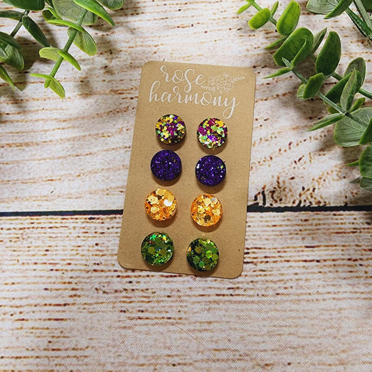 Mardi Gras Studs Earrings, Resin Glitter, Lightweight, New Orleans