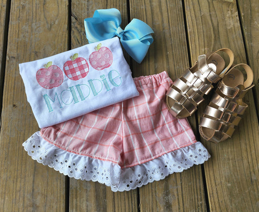 Apple Cross-Stitch Trio Children Outfit Set w/ Ruffle Shorts