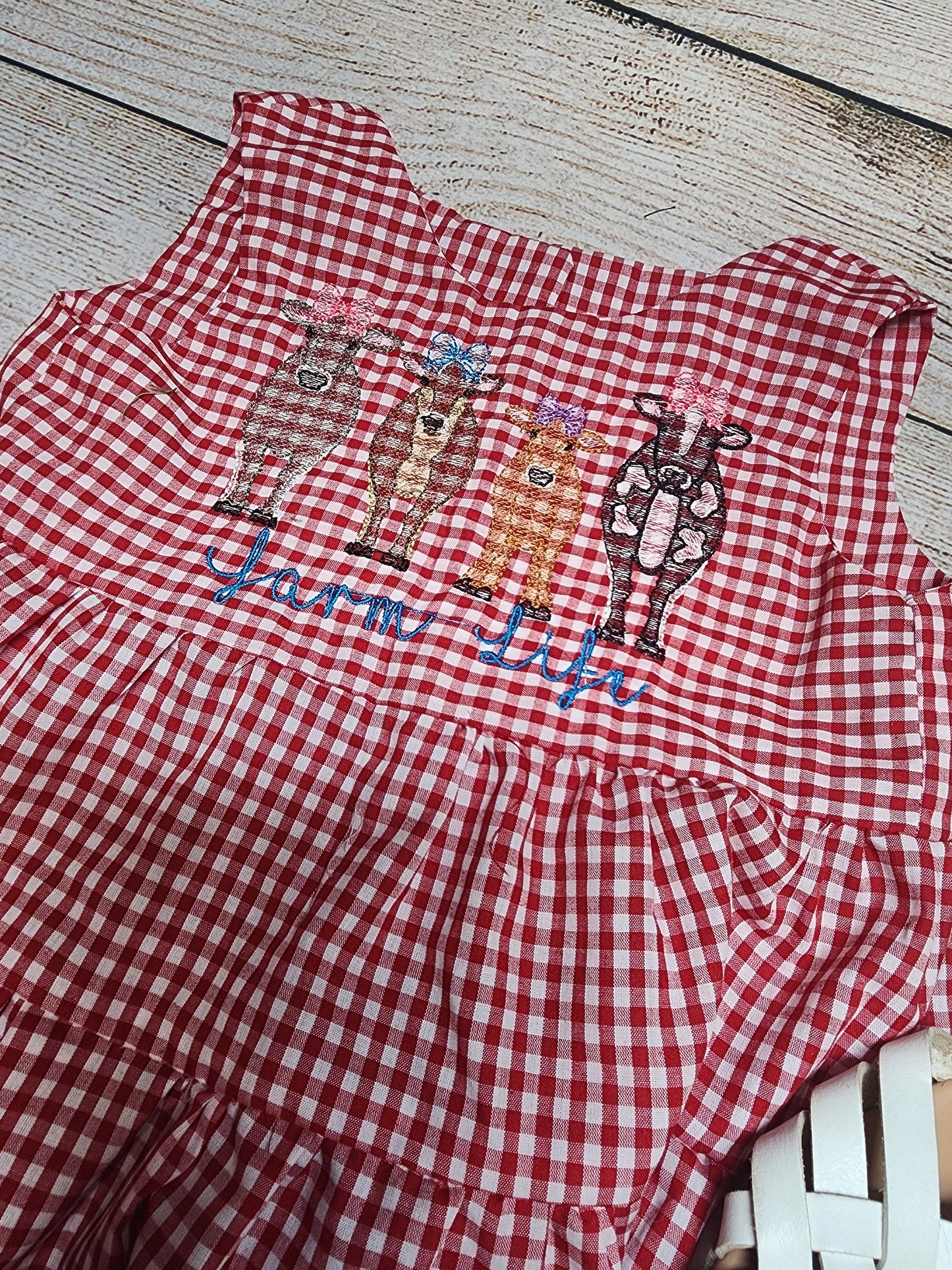 Red Gingham Twirl Dress, Farm Life, Cows, Toddler Dress, Summer Dress, 3 Tiered Dress,