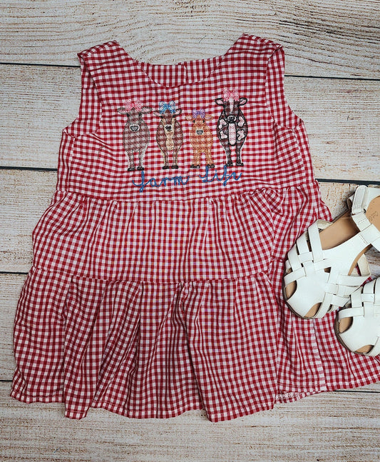 Red Gingham Twirl Dress, Farm Life, Cows, Toddler Dress, Summer Dress, 3 Tiered Dress,