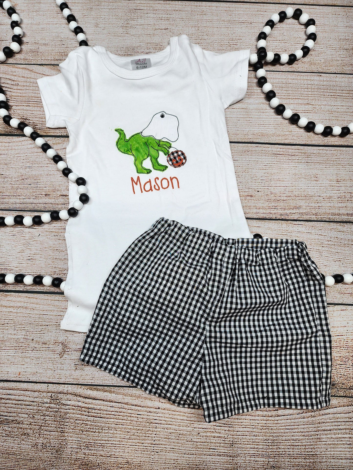 Trick or Treat T-Rex Ghost Halloween, Toddler and Boy Outfit, Shorts, Black Gingham Shorts, Siblings