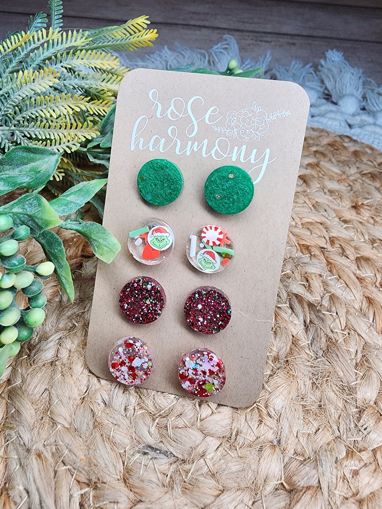 Grinch Stud Earring Collection, Christmas, Red, Green, Resin Glitter, Lightweight,