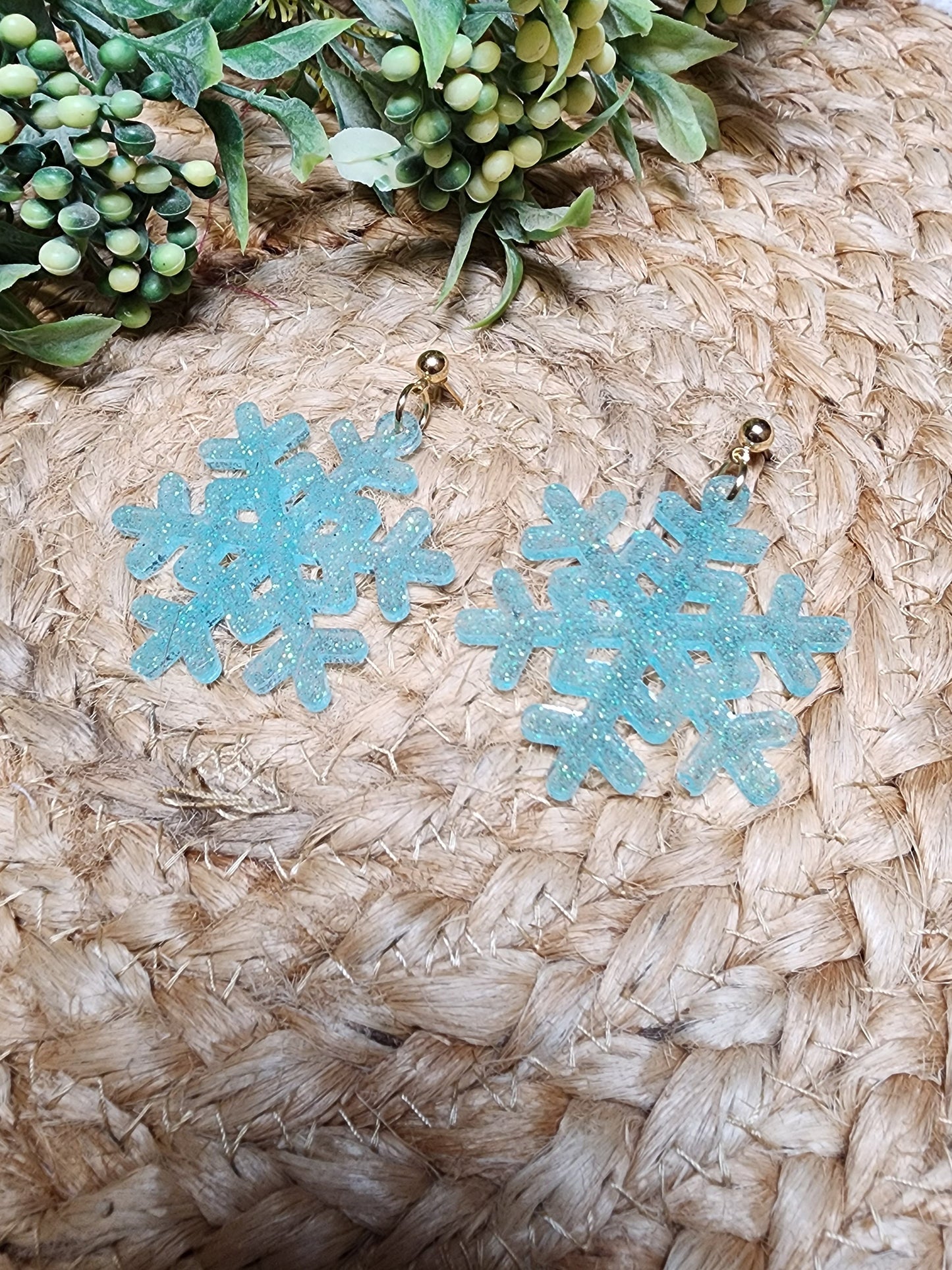 Snowflakes Dangle Earrings, Christmas, Winter, Resin Glitter, Lightweight,