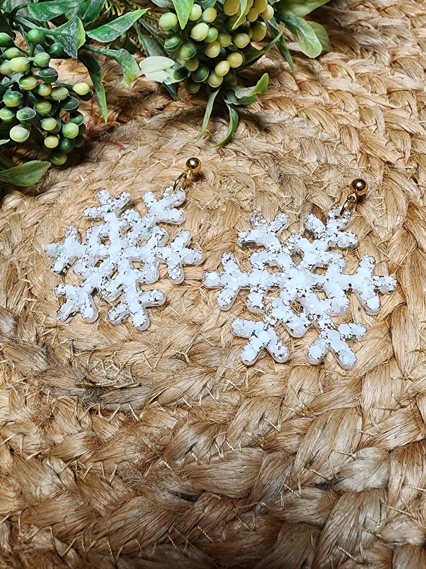 Snowflakes Dangle Earrings, Christmas, Winter, Resin Glitter, Lightweight,